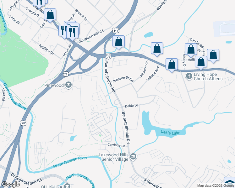 map of restaurants, bars, coffee shops, grocery stores, and more near 355 South Barnett Shoals Road in Athens