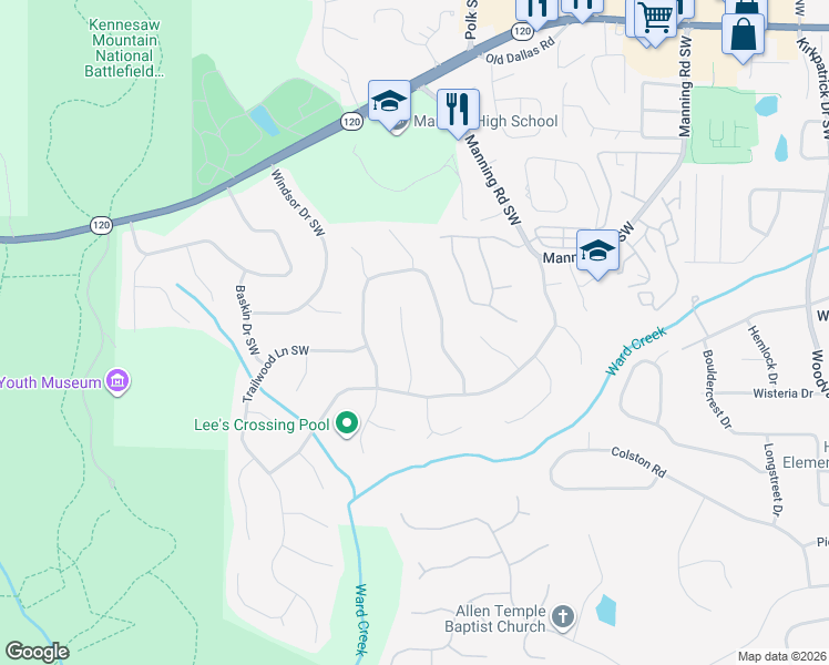 map of restaurants, bars, coffee shops, grocery stores, and more near 1130 Cedar Branch Ct SW in Marietta
