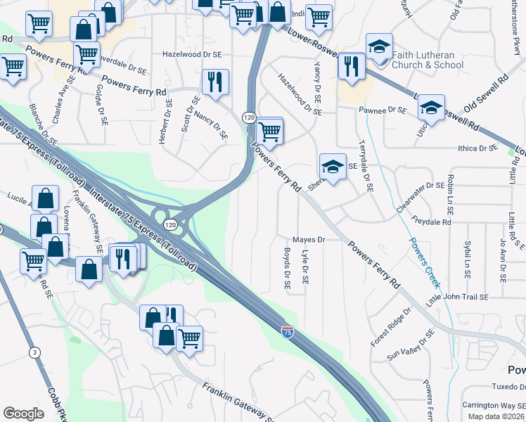 map of restaurants, bars, coffee shops, grocery stores, and more near 413 Virginia Place Southeast in Marietta