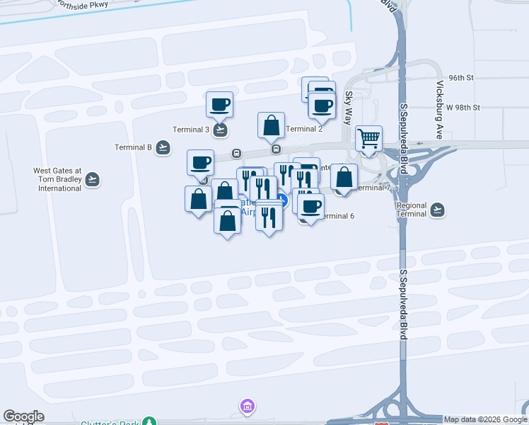 map of restaurants, bars, coffee shops, grocery stores, and more near 500 World Way in Los Angeles