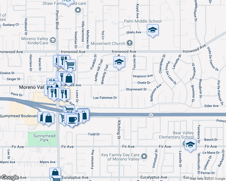 map of restaurants, bars, coffee shops, grocery stores, and more near 12292 Arenisca Verde Drive in Moreno Valley