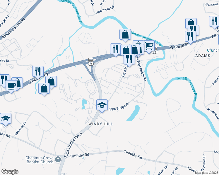 map of restaurants, bars, coffee shops, grocery stores, and more near 232 Epps Bridge Road in Athens