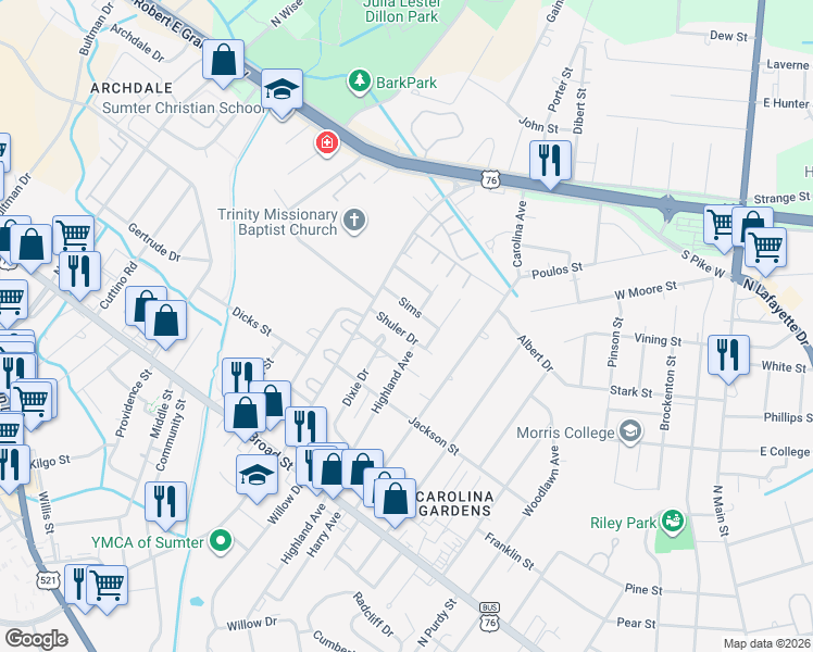 map of restaurants, bars, coffee shops, grocery stores, and more near 22 Shuler Drive in Sumter