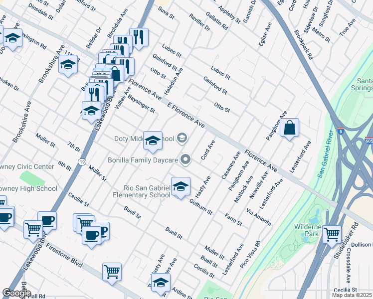 map of restaurants, bars, coffee shops, grocery stores, and more near 10310 Woodruff Ave in Downey