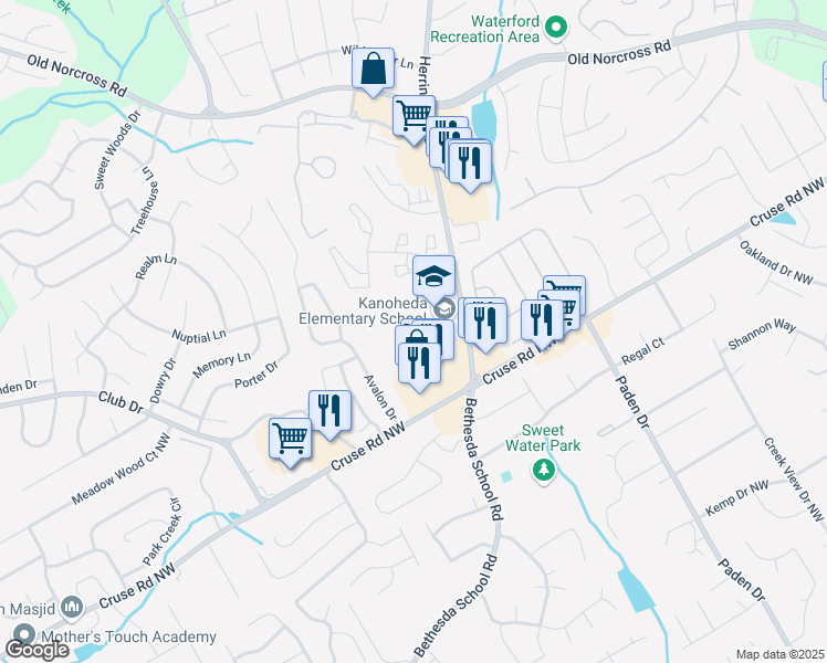 map of restaurants, bars, coffee shops, grocery stores, and more near 1025 Herrington Road in Lawrenceville