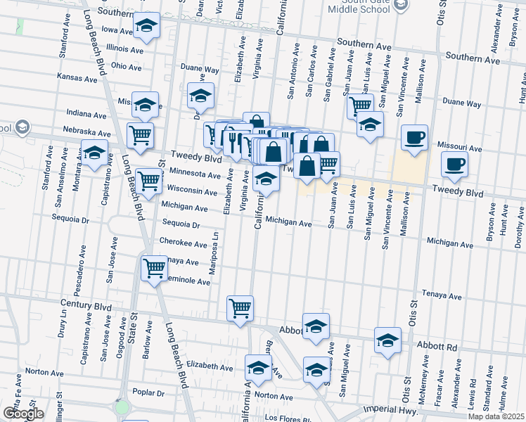 map of restaurants, bars, coffee shops, grocery stores, and more near 10132 California Avenue in South Gate