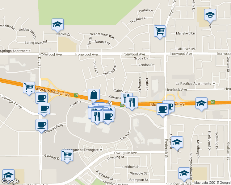 map of restaurants, bars, coffee shops, grocery stores, and more near 22615 Radnor Lane in Moreno Valley