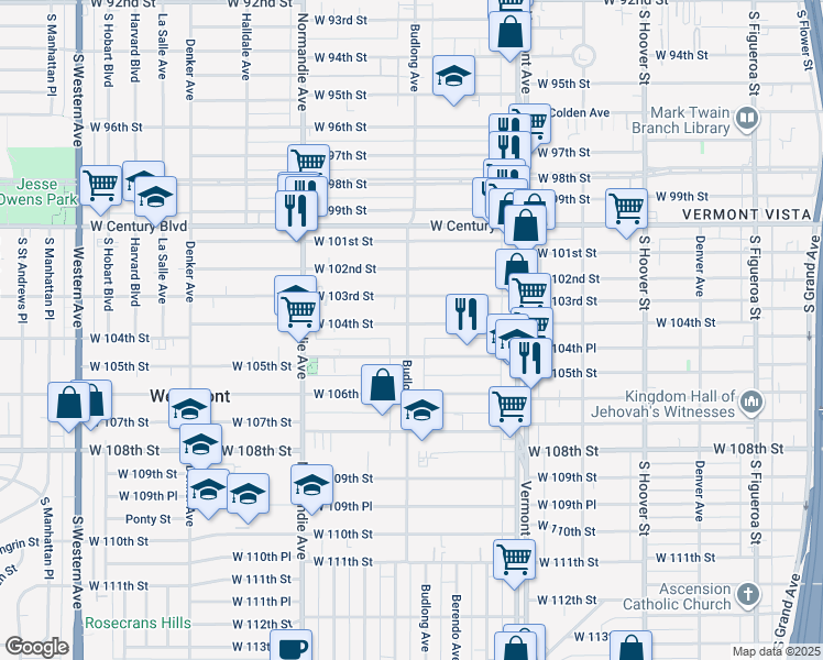 map of restaurants, bars, coffee shops, grocery stores, and more near 1160 West 104th Street in Los Angeles