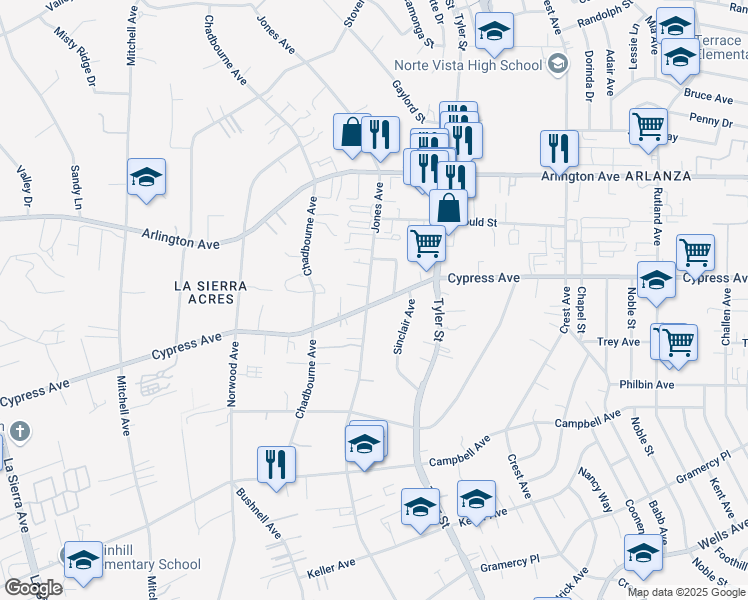 map of restaurants, bars, coffee shops, grocery stores, and more near 10391 Cypress Avenue in Riverside