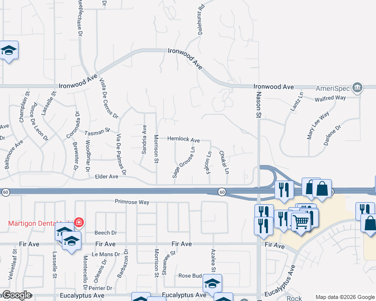 map of restaurants, bars, coffee shops, grocery stores, and more near 12301 Sage Grouse Lane in Moreno Valley