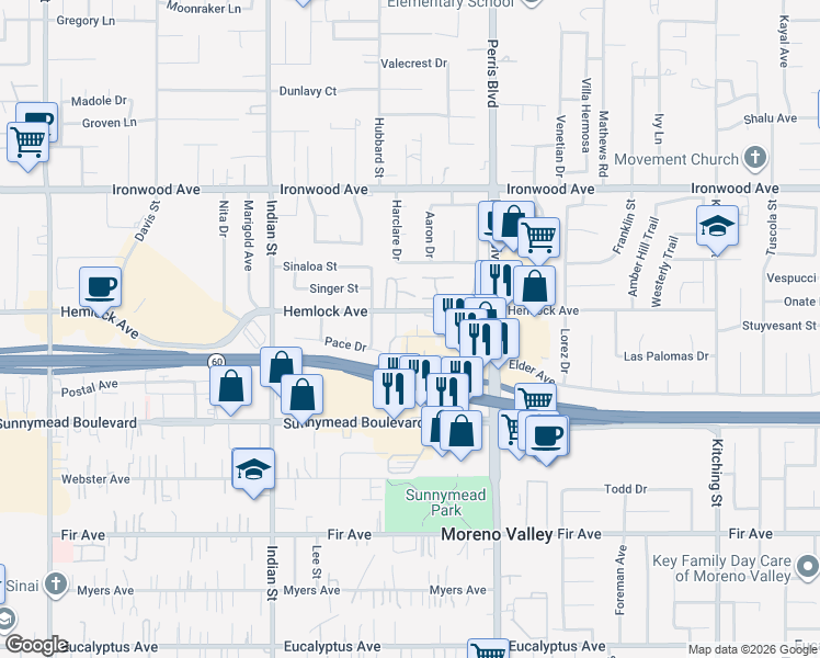 map of restaurants, bars, coffee shops, grocery stores, and more near in Moreno Valley
