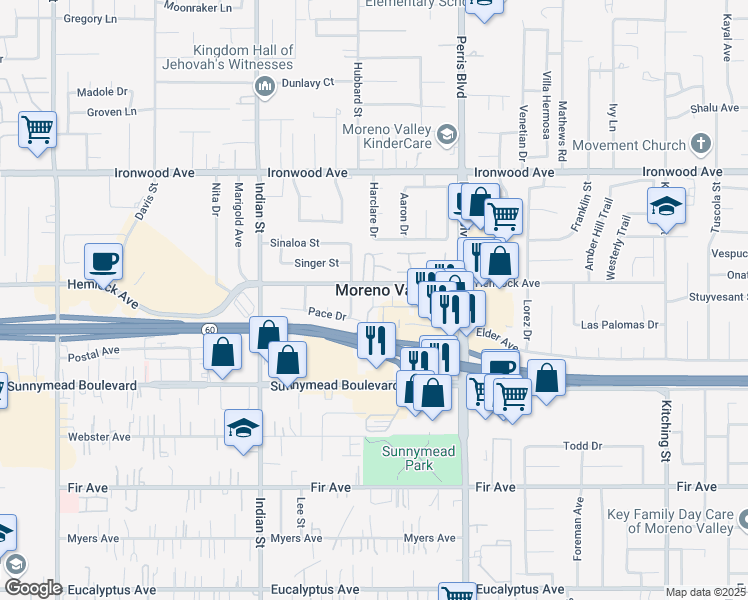 map of restaurants, bars, coffee shops, grocery stores, and more near in Moreno Valley