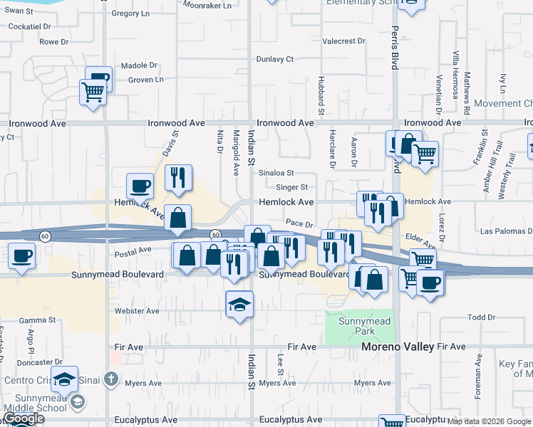 map of restaurants, bars, coffee shops, grocery stores, and more near 24552 Pace Drive in Moreno Valley