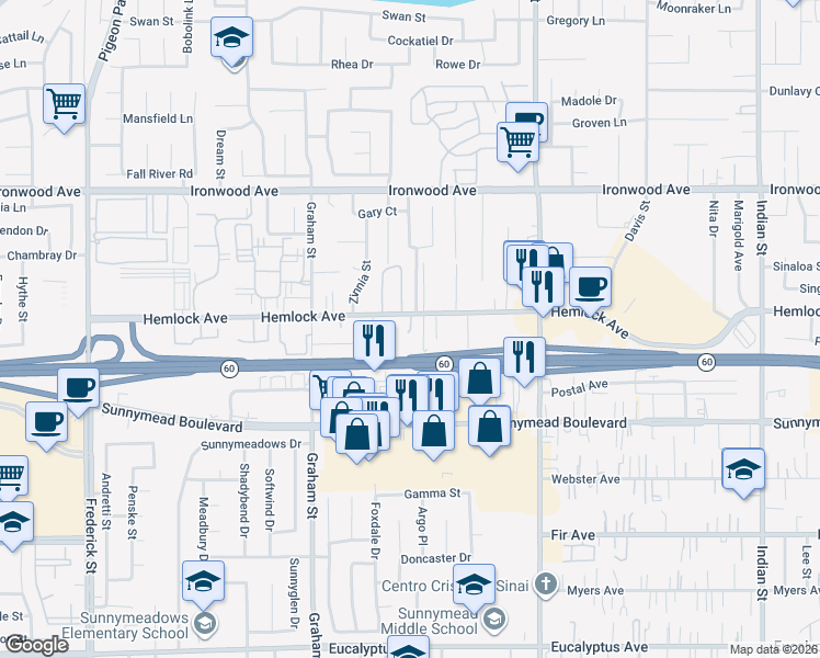 map of restaurants, bars, coffee shops, grocery stores, and more near 23705 Hemlock Avenue in Moreno Valley