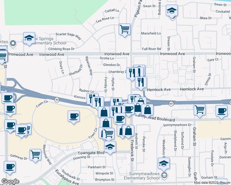 map of restaurants, bars, coffee shops, grocery stores, and more near 12314 Hythe Street in Moreno Valley