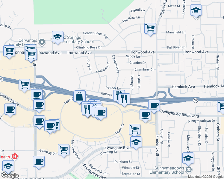 map of restaurants, bars, coffee shops, grocery stores, and more near 22615 Radnor Lane in Moreno Valley
