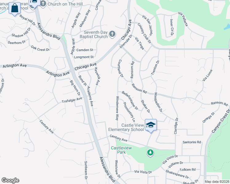 map of restaurants, bars, coffee shops, grocery stores, and more near 1554 Bellefontaine Drive in Riverside