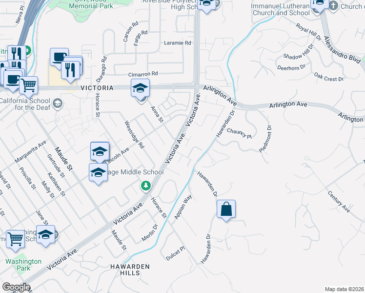 map of restaurants, bars, coffee shops, grocery stores, and more near 2687 Anna Street in Riverside