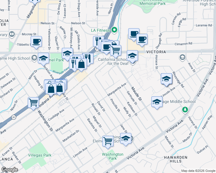 map of restaurants, bars, coffee shops, grocery stores, and more near 3165 Priscilla Street in Riverside