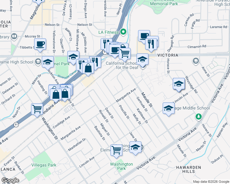 map of restaurants, bars, coffee shops, grocery stores, and more near 3165 Priscilla Street in Riverside