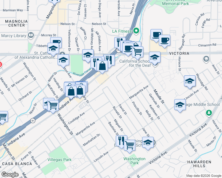 map of restaurants, bars, coffee shops, grocery stores, and more near 3210 Jane Street in Riverside