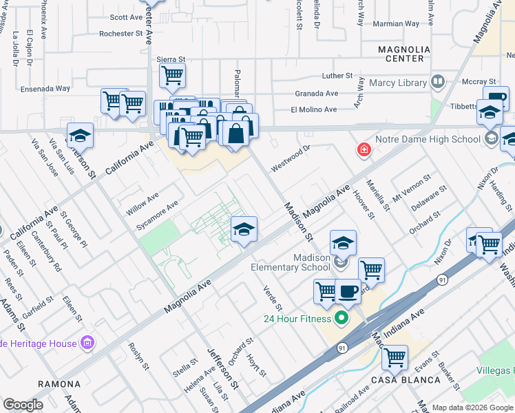 map of restaurants, bars, coffee shops, grocery stores, and more near 3892 San Mateo Avenue in Riverside