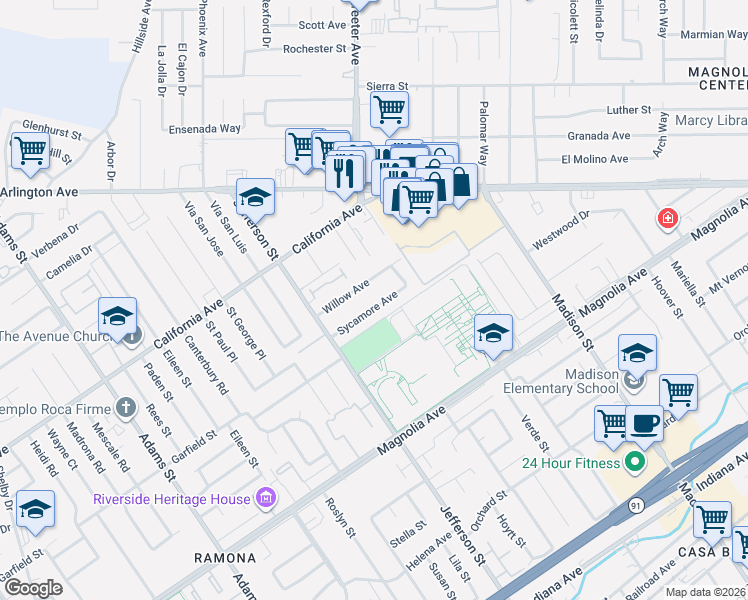 map of restaurants, bars, coffee shops, grocery stores, and more near 7823 Sycamore Avenue in Riverside