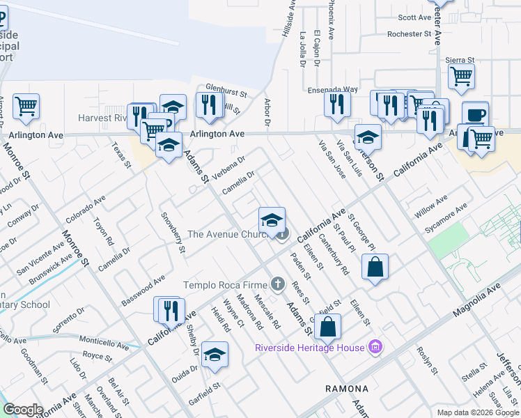 map of restaurants, bars, coffee shops, grocery stores, and more near 4296 Eileen Street in Riverside