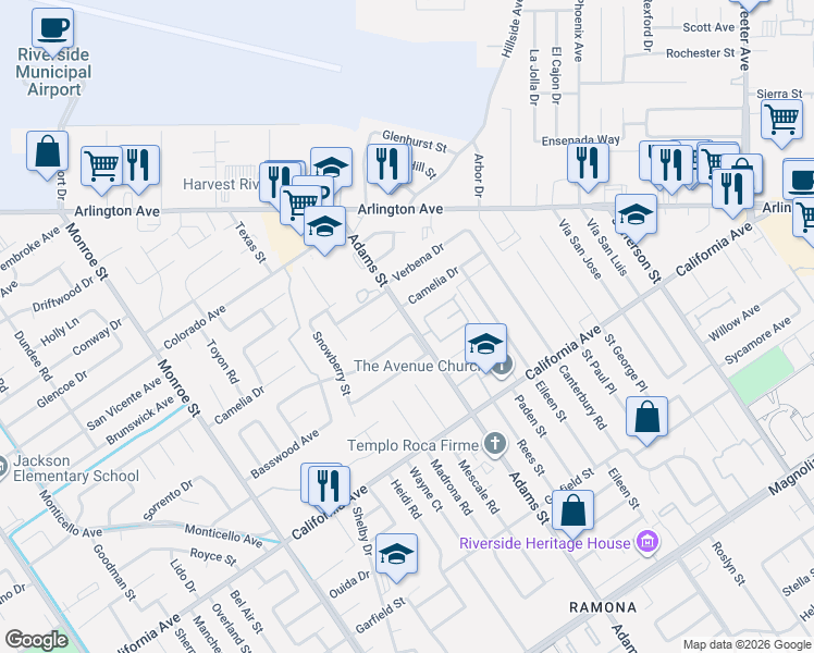 map of restaurants, bars, coffee shops, grocery stores, and more near 4398 Adams Street in Riverside