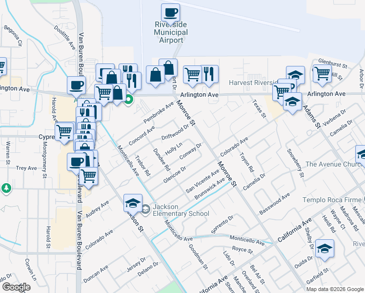 map of restaurants, bars, coffee shops, grocery stores, and more near 8804 Holly Lane in Riverside
