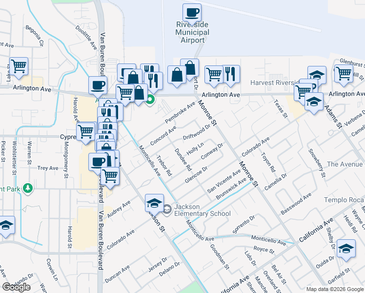 map of restaurants, bars, coffee shops, grocery stores, and more near 4757 Dundee Road in Riverside