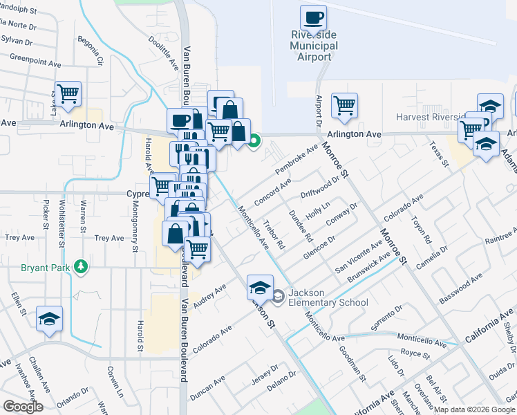 map of restaurants, bars, coffee shops, grocery stores, and more near 8976 Concord Avenue in Riverside