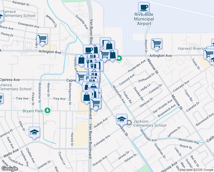 map of restaurants, bars, coffee shops, grocery stores, and more near 4879 Jackson Street in Riverside