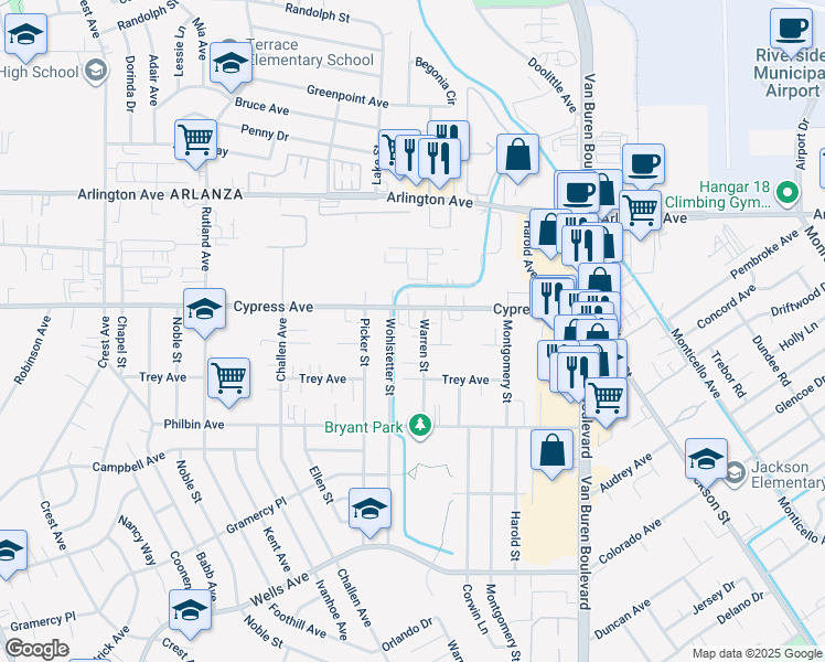 map of restaurants, bars, coffee shops, grocery stores, and more near 5942 Warren Street in Riverside