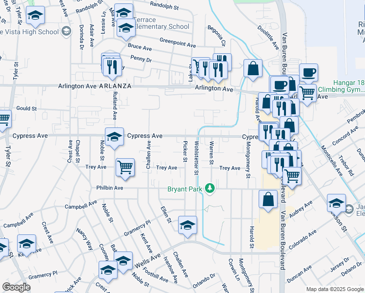 map of restaurants, bars, coffee shops, grocery stores, and more near 8407 Janet Avenue in Riverside