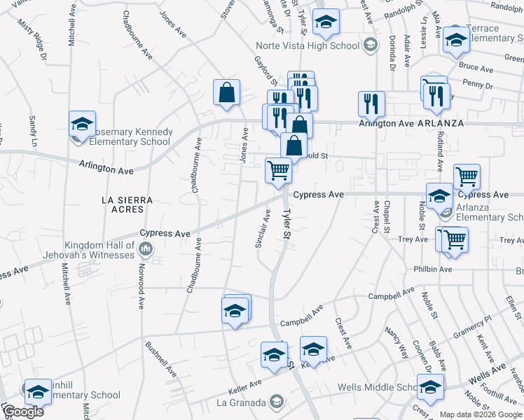 map of restaurants, bars, coffee shops, grocery stores, and more near 10372 Cypress Avenue in Riverside