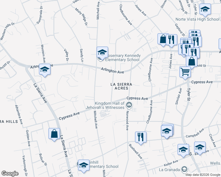 map of restaurants, bars, coffee shops, grocery stores, and more near 6179 Stover Avenue in Riverside