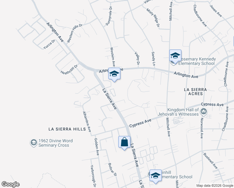map of restaurants, bars, coffee shops, grocery stores, and more near 11015 Francisco Place in Riverside