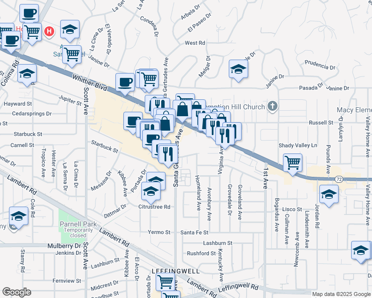 map of restaurants, bars, coffee shops, grocery stores, and more near 15845 La Forge Street in Whittier