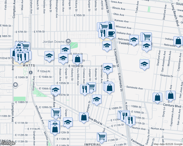 map of restaurants, bars, coffee shops, grocery stores, and more near 10339 Juniper Street in Los Angeles