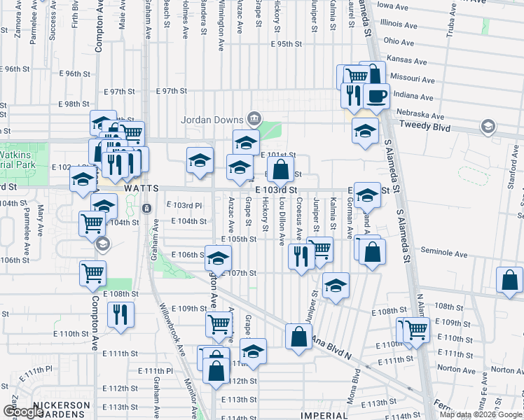 map of restaurants, bars, coffee shops, grocery stores, and more near 10335 Hickory Street in Los Angeles