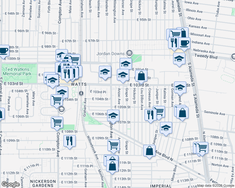 map of restaurants, bars, coffee shops, grocery stores, and more near 10342 Anzac Avenue in Los Angeles