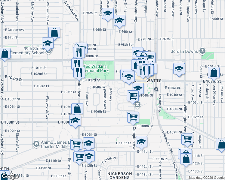 map of restaurants, bars, coffee shops, grocery stores, and more near 10414 Mary Avenue in Los Angeles