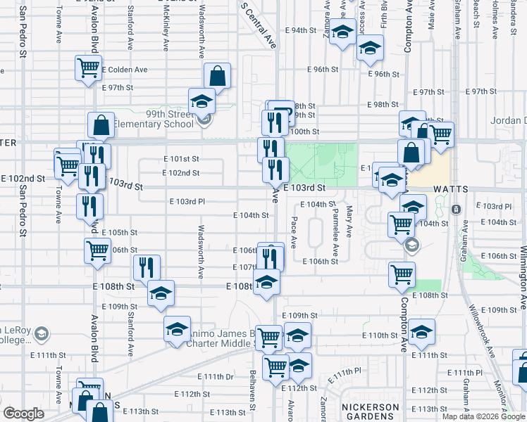 map of restaurants, bars, coffee shops, grocery stores, and more near 1129 East 104th Street in Los Angeles