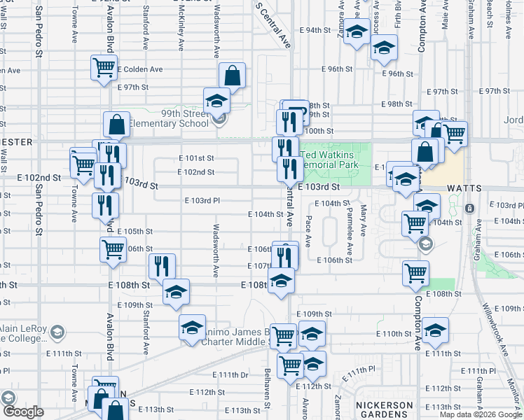 map of restaurants, bars, coffee shops, grocery stores, and more near 1129 East 104th Street in Los Angeles