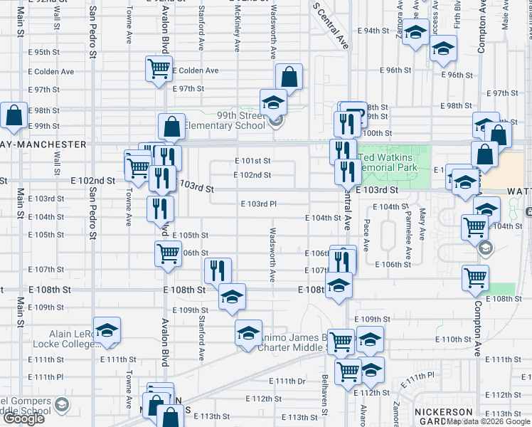 map of restaurants, bars, coffee shops, grocery stores, and more near 901 East 104th Street in Los Angeles