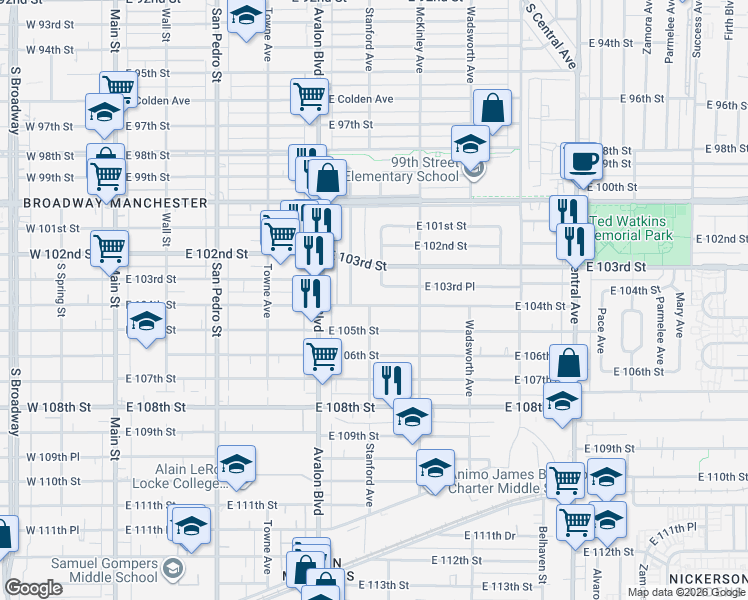 map of restaurants, bars, coffee shops, grocery stores, and more near 658 East 103rd Street in Los Angeles
