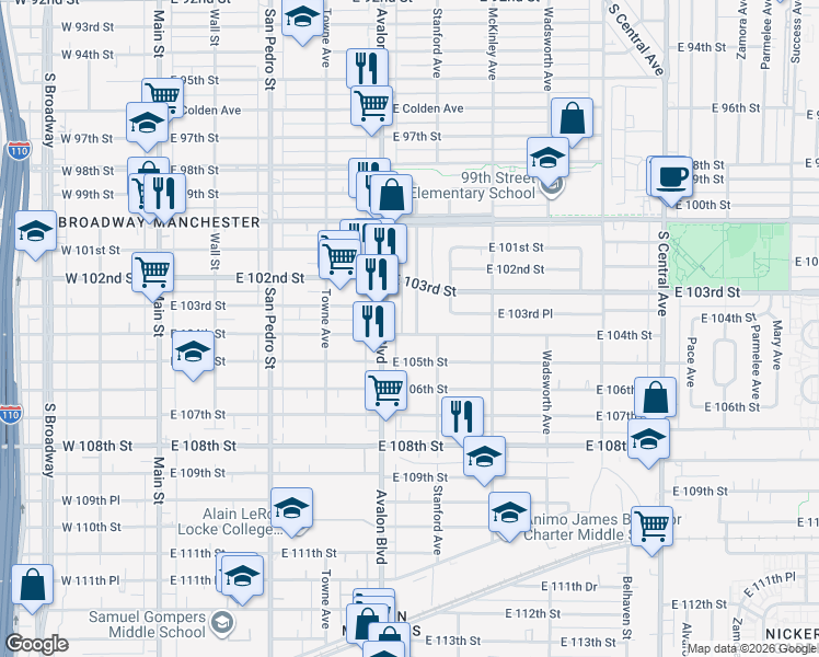 map of restaurants, bars, coffee shops, grocery stores, and more near 613 East 104th Street in Los Angeles