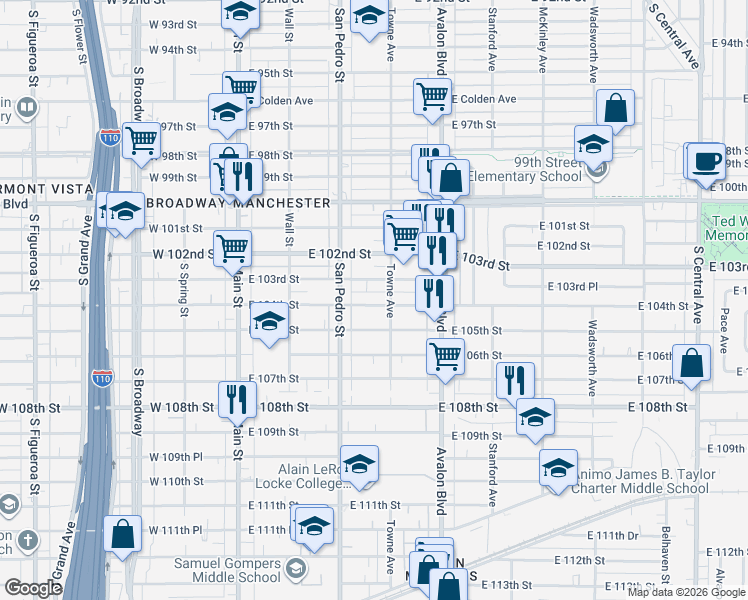 map of restaurants, bars, coffee shops, grocery stores, and more near 359 East 104th Street in Los Angeles
