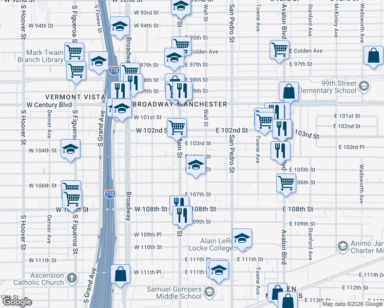 map of restaurants, bars, coffee shops, grocery stores, and more near 109 East 104th Street in Los Angeles